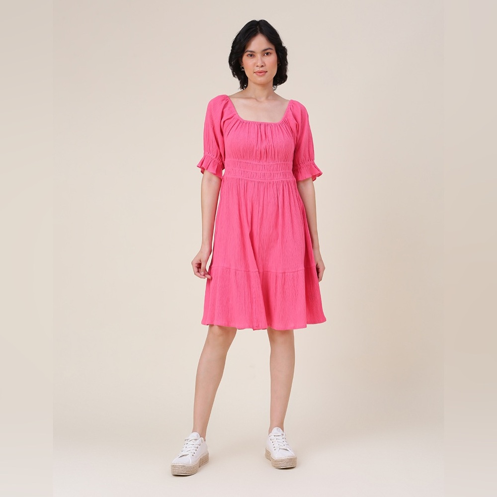 FABINDIA FabNu Square Neck Half Sleeve A-Line Knee-Length Dress Pink Sz XS